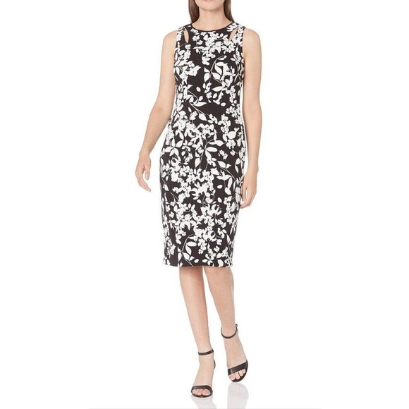 MAGGY LONDON Sheath Dress Size 8 Black White Floral Knee Length Sleeveless NWT - Picture 1 of 16